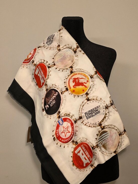Burberry Accessories - NWT Burberry Bottle Cap Print Silk Blend Scarf Black White Red